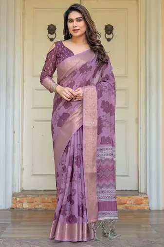 Ethnic handloom cotton printed saree with floral pattern & blouse piece