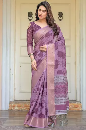 Ethnic handloom cotton printed saree with floral pattern & blouse piece