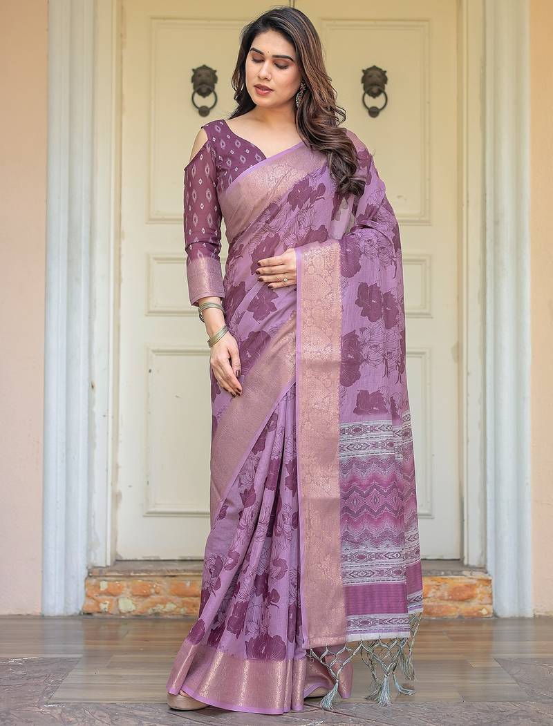 Ethnic handloom cotton printed saree with floral pattern & blouse piece