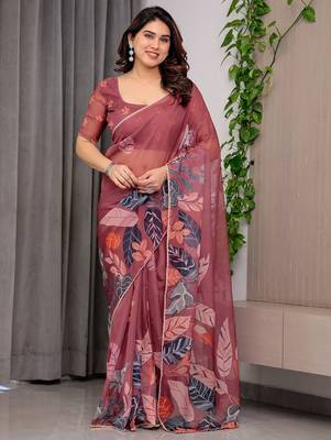 Premium printed organza sarees with multicolor border finish 1