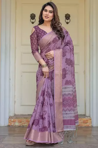 Ethnic handloom cotton printed saree with floral pattern & blouse piece
