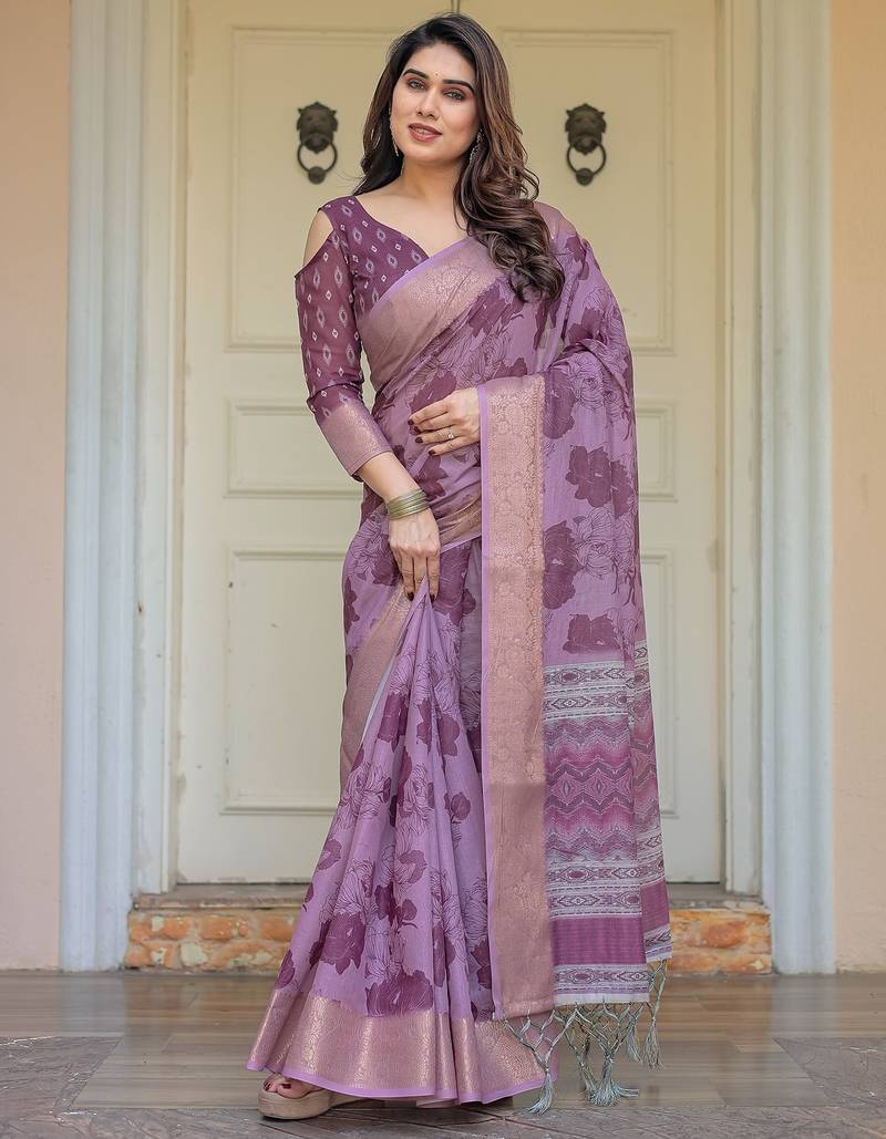 Ethnic handloom cotton printed saree with floral pattern & blouse piece