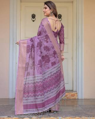 Ethnic handloom cotton printed saree with floral pattern & blouse piece 4