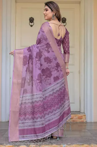 Ethnic handloom cotton printed saree with floral pattern & blouse piece