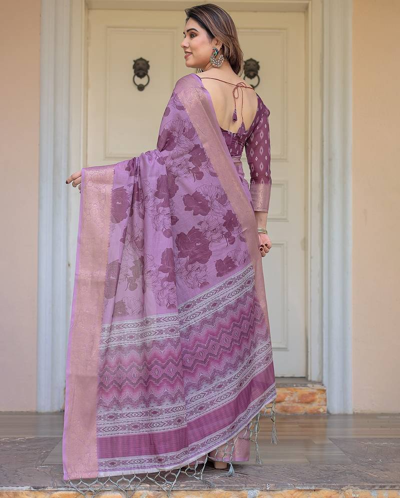 Ethnic handloom cotton printed saree with floral pattern & blouse piece