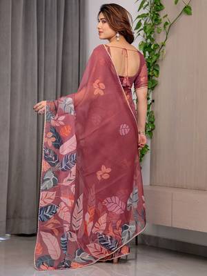Premium printed organza sarees with multicolor border finish 3