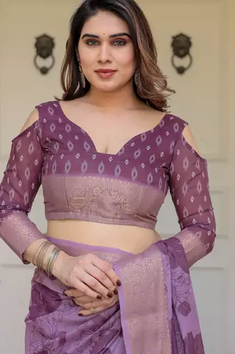 Ethnic handloom cotton printed saree with floral pattern & blouse piece