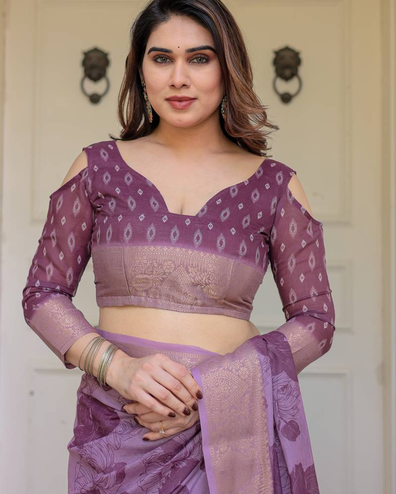 Ethnic handloom cotton printed saree with floral pattern & blouse piece