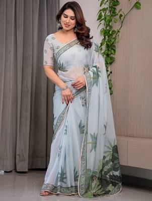 Multicolor border printed organza saree collection 2