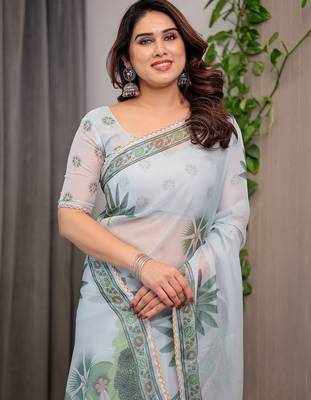 Multicolor border printed organza saree collection 4