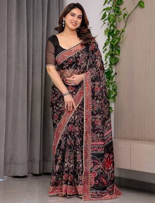 Luxury organza print saree collection with colorful edge borders 1
