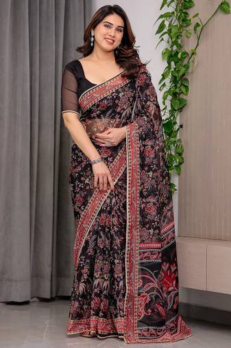 Luxury organza print saree collection with colorful edge borders