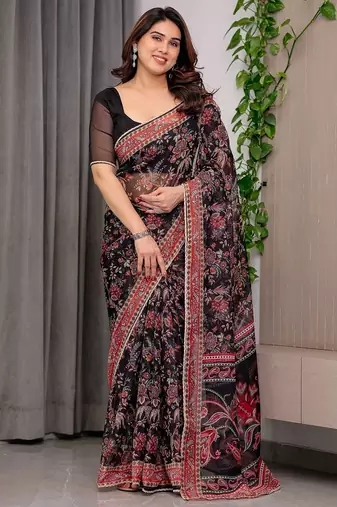 Luxury organza print saree collection with colorful edge borders
