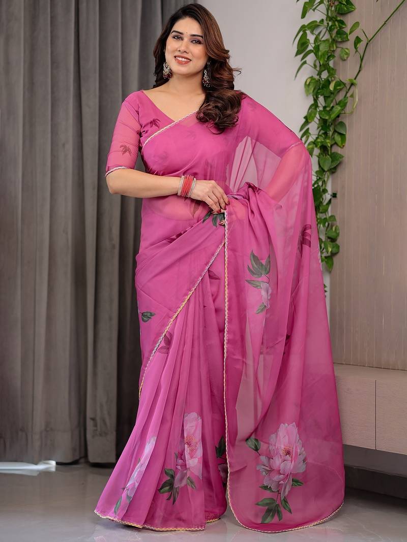 Luxury organza print saree collection with colorful edge borders