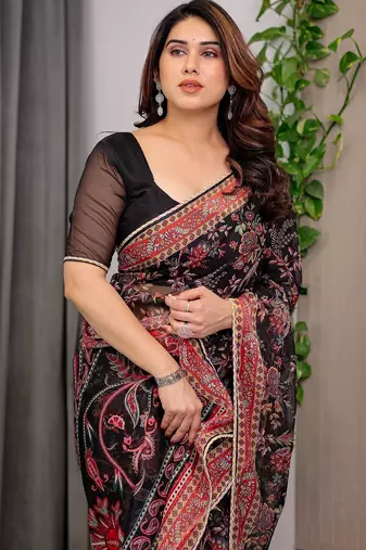 Luxury organza print saree collection with colorful edge borders