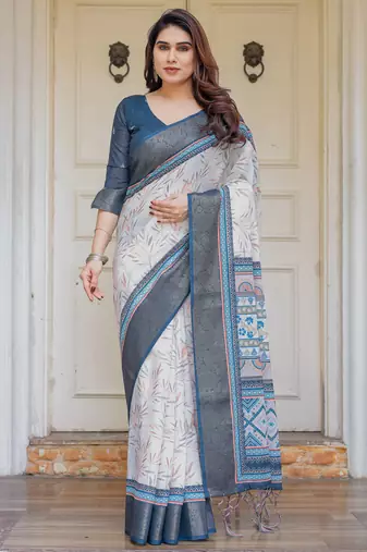 Designer handloom cotton floral print saree with attached blouse fabric