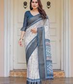 Designer handloom cotton floral print saree with attached blouse fabric