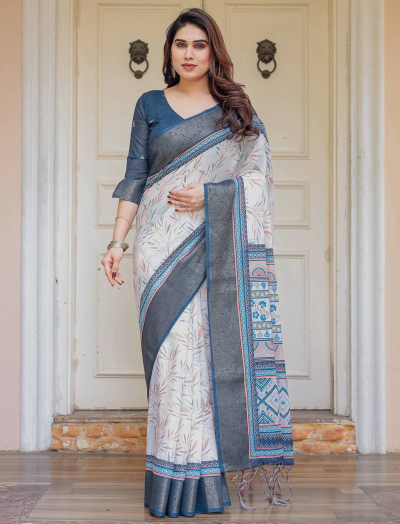 Designer handloom cotton floral print saree with attached blouse fabric