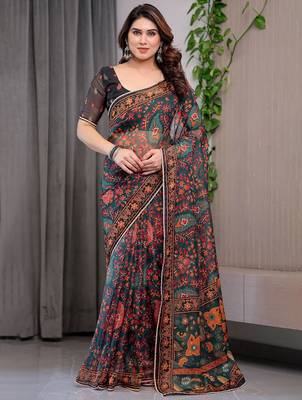 Premium printed organza sarees with multicolor border finish 1