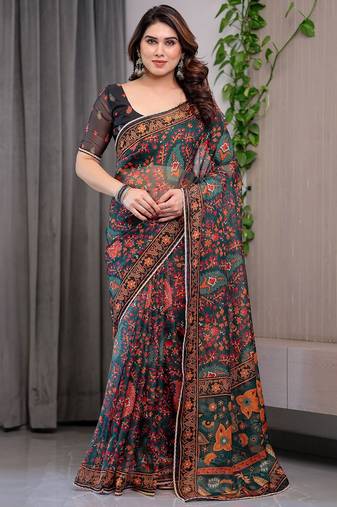Premium printed organza sarees with multicolor border finish