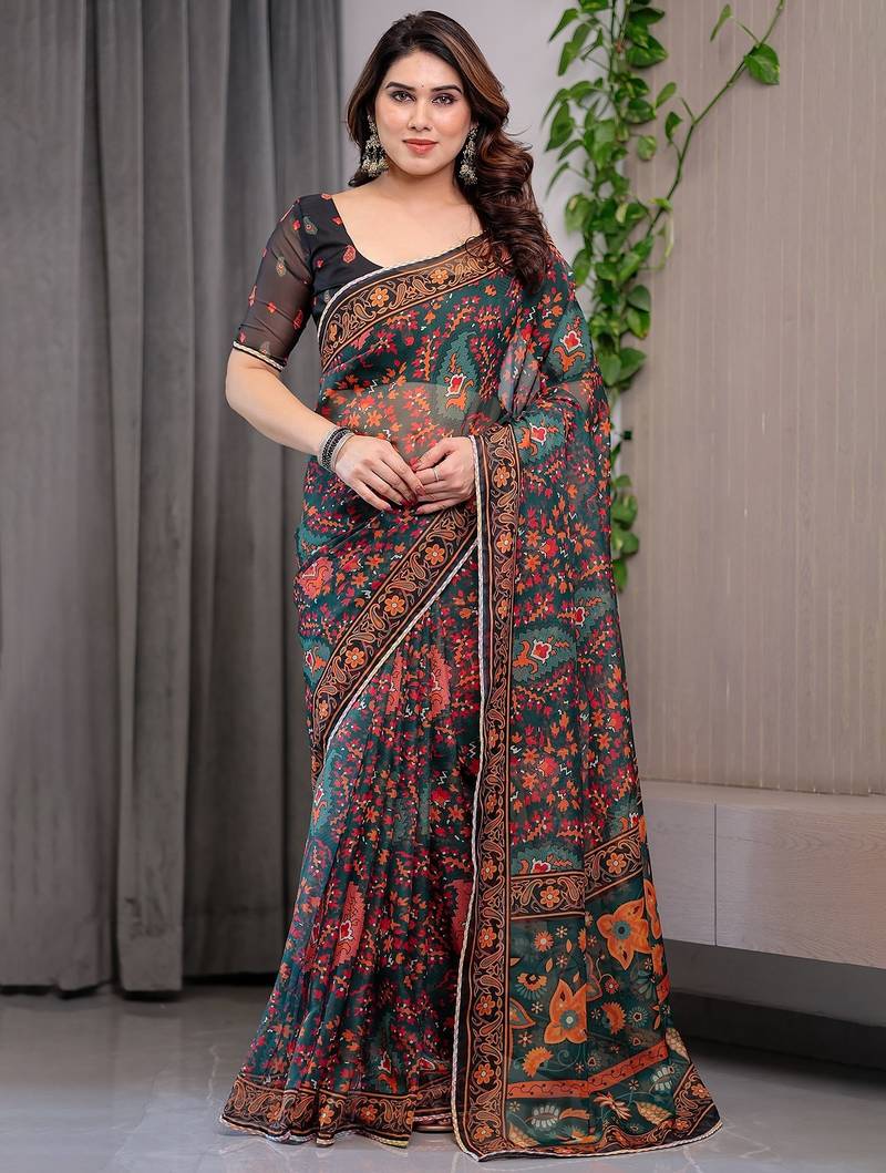 Premium printed organza sarees with multicolor border finish