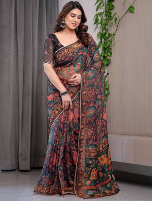 Premium printed organza sarees with multicolor border finish 2