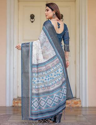 Designer handloom cotton floral print saree with attached blouse fabric 2