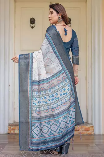Designer handloom cotton floral print saree with attached blouse fabric
