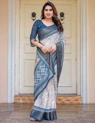 Designer handloom cotton floral print saree with attached blouse fabric 3
