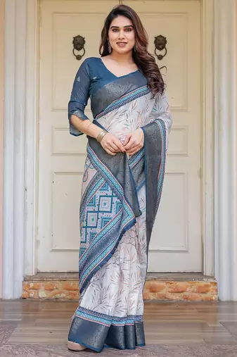 Designer handloom cotton floral print saree with attached blouse fabric