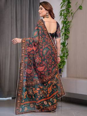 Premium printed organza sarees with multicolor border finish 3