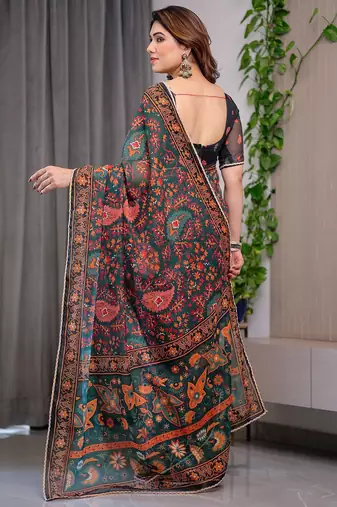 Premium printed organza sarees with multicolor border finish