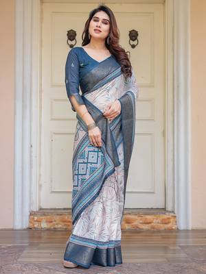 Designer handloom cotton floral print saree with attached blouse fabric 4