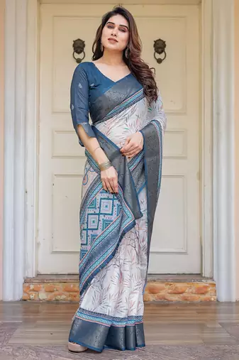 Designer handloom cotton floral print saree with attached blouse fabric