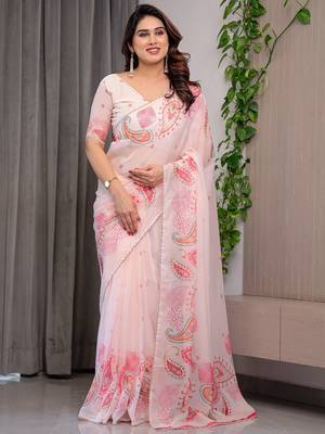 Premium printed organza sarees with multicolor border finish 1