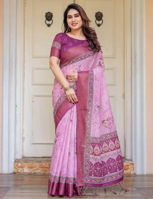 Soft handloom cotton floral printed saree with 5.5m saree & blouse piece 1