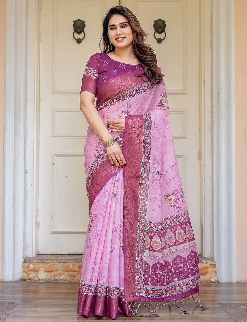 Soft handloom cotton floral printed saree with 5.5m saree & blouse piece