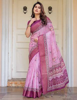 Soft handloom cotton floral printed saree with 5.5m saree & blouse piece 2