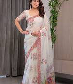 Premium printed organza sarees with multicolor border finish