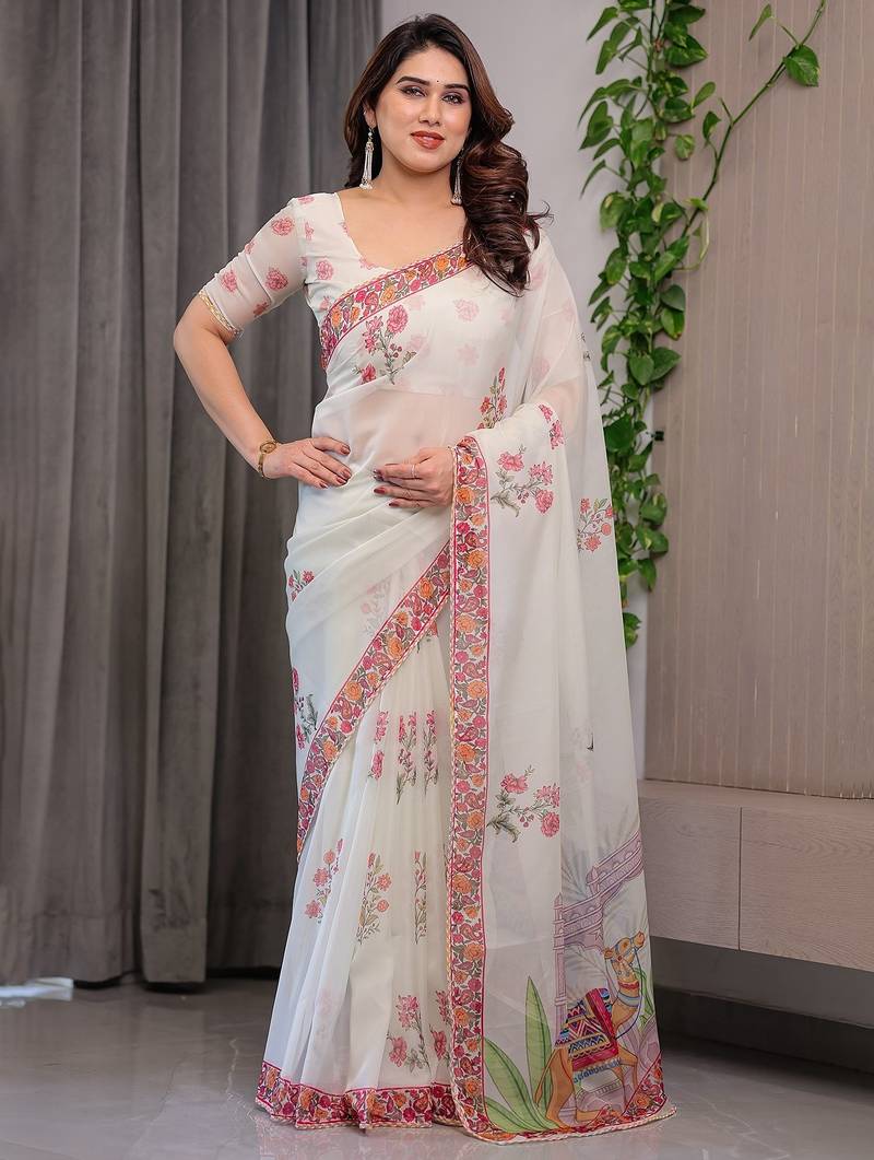 Premium printed organza sarees with multicolor border finish