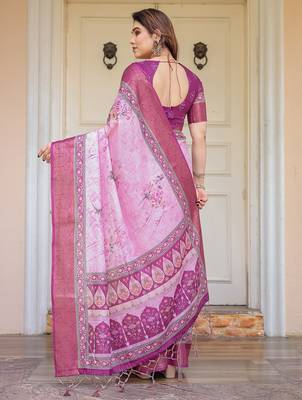 Soft handloom cotton floral printed saree with 5.5m saree & blouse piece 3