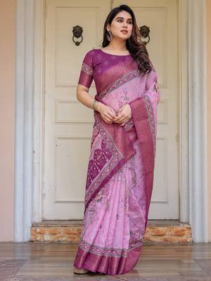Soft handloom cotton floral printed saree with 5.5m saree & blouse piece 4