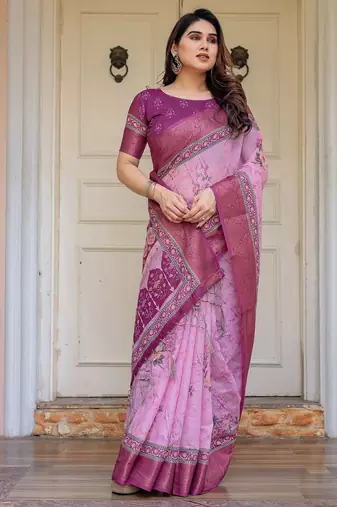 Soft handloom cotton floral printed saree with 5.5m saree & blouse piece