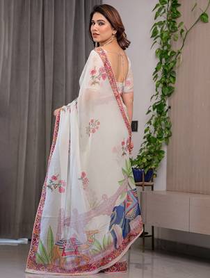 Premium printed organza sarees with multicolor border finish 3