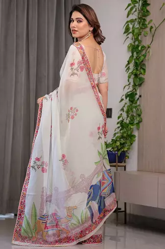 Premium printed organza sarees with multicolor border finish
