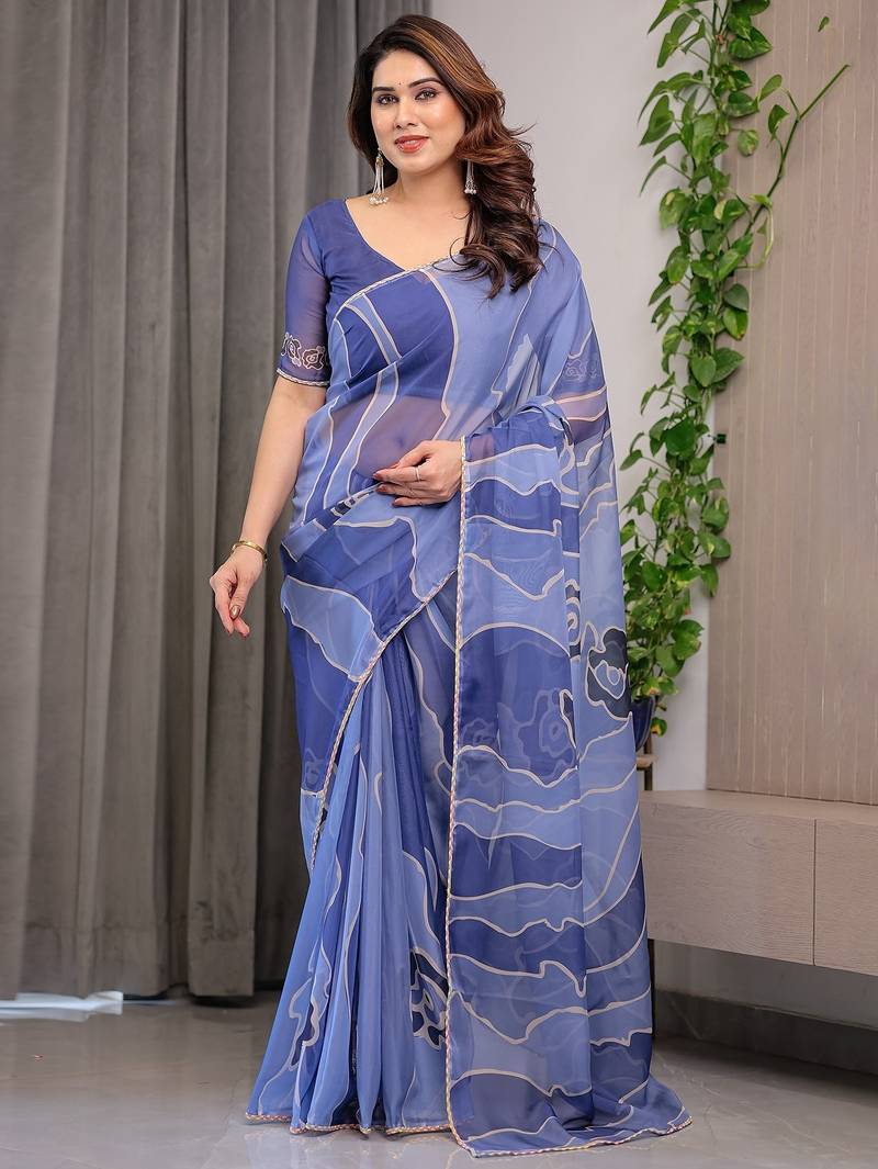 Luxury organza print saree collection with colorful edge borders