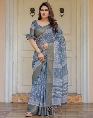 Traditional handloom cotton floral print saree for women with blouse 1
