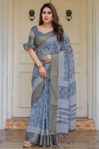 Traditional handloom cotton floral print saree for women with blouse