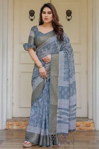 Traditional handloom cotton floral print saree for women with blouse