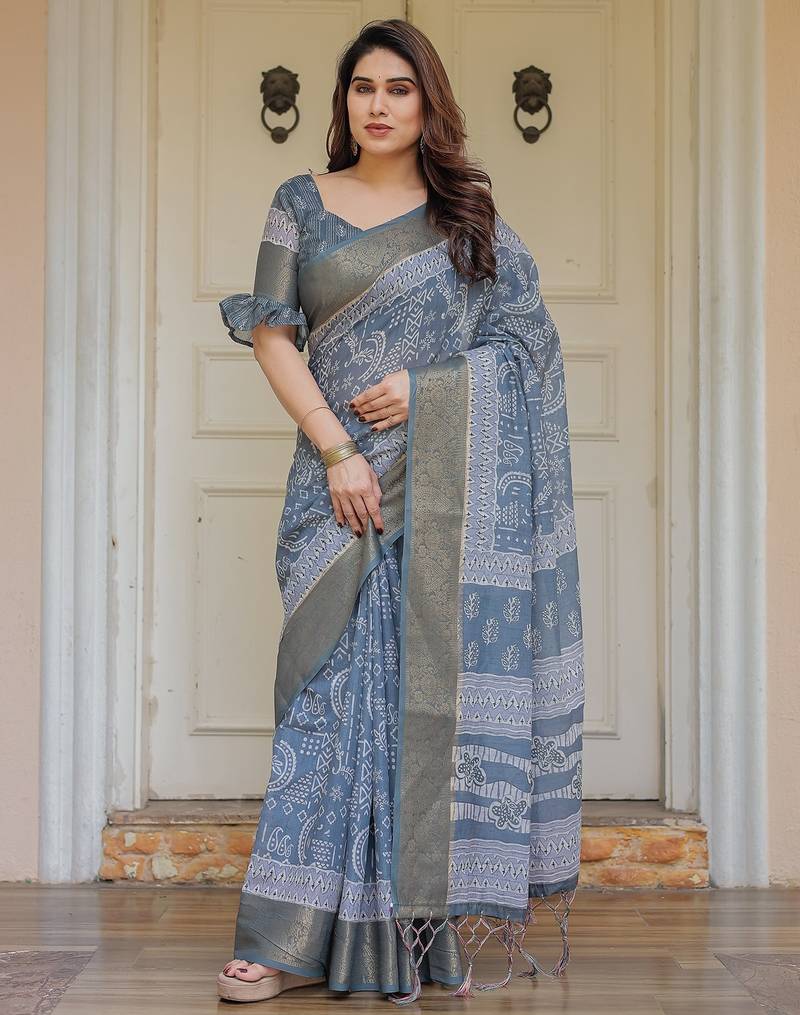 Traditional handloom cotton floral print saree for women with blouse